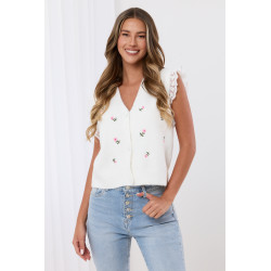 Dzianinowy sweterek bez rękawów z haftowanymi różami