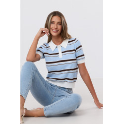 Krótka bluzka polo w paski z kołnierzykiem