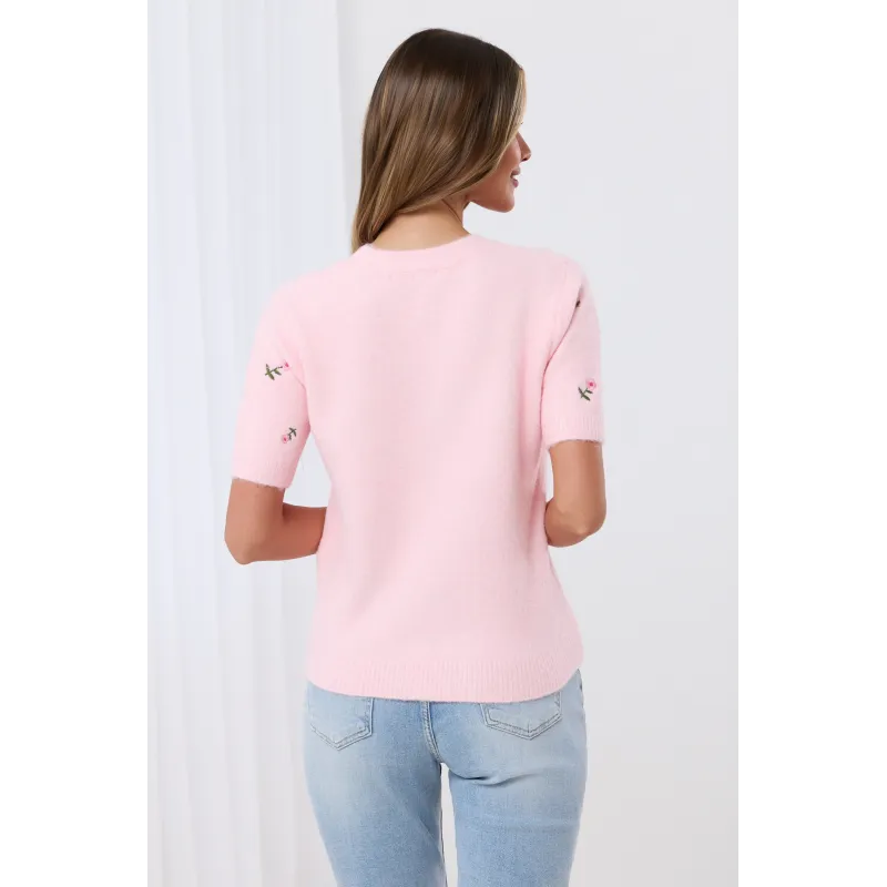 Sweter z krótkim rękawem w haftowane kwiatki