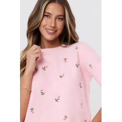 Sweter z krótkim rękawem w haftowane kwiatki