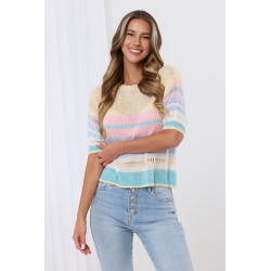Pastelowy sweter w poziome paski z krótkim rękawem