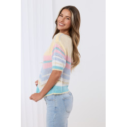 Pastelowy sweter w poziome paski z krótkim rękawem