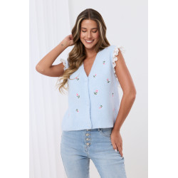 Dzianinowy sweterek bez rękawów z haftowanymi różami