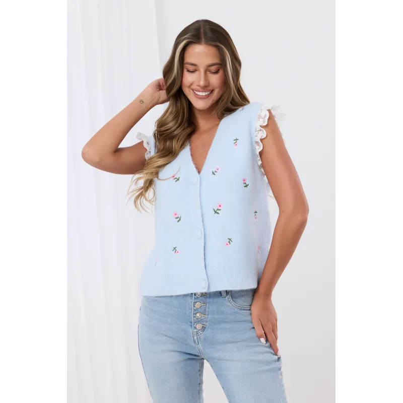 Dzianinowy sweterek bez rękawów z haftowanymi różami