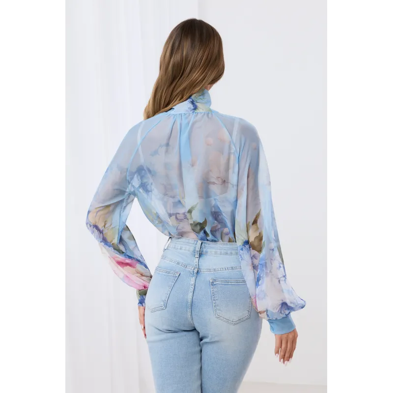 Szyfonowa bluzka w kwiaty z wiązaniem pod szyją