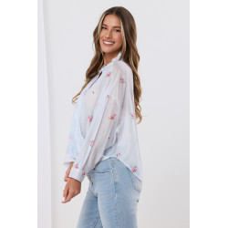 Bluzka kopertowa z motywem kwiatowym i koronkowym wykończeniem