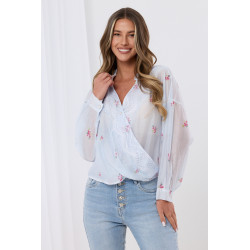 Bluzka kopertowa z motywem kwiatowym i koronkowym wykończeniem