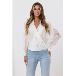 Bluzka kopertowa z motywem kwiatowym i koronkowym wykończeniem