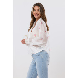 Bluzka kopertowa z motywem kwiatowym i koronkowym wykończeniem