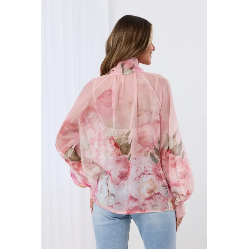 Szyfonowa bluzka w kwiaty z wiązaniem pod szyją