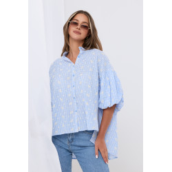 Asymetryczna koszula w kratę z ażurowymi haftami