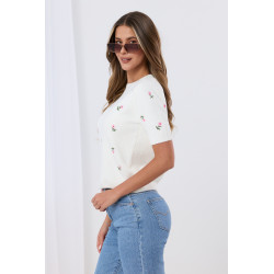 Sweter z krótkim rękawem w haftowane kwiatki