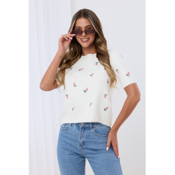 Sweter z krótkim rękawem w haftowane kwiatki