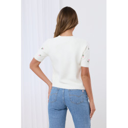 Sweter z krótkim rękawem w haftowane kwiatki