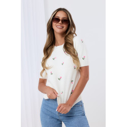 Sweter z krótkim rękawem w haftowane kwiatki