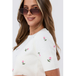 Sweter z krótkim rękawem w haftowane kwiatki