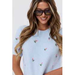 Sweter z krótkim rękawem w haftowane kwiatki
