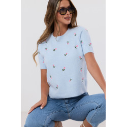 Sweter z krótkim rękawem w haftowane kwiatki