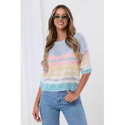 Pastelowy sweter w poziome paski z krótkim rękawem