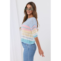 Pastelowy sweter w poziome paski z krótkim rękawem