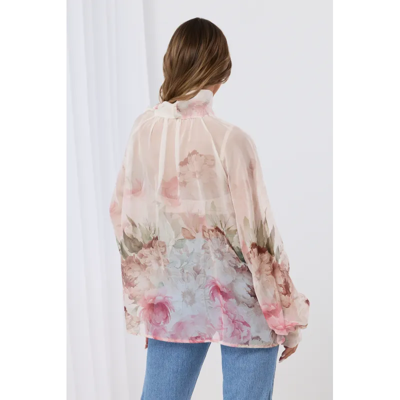 Szyfonowa bluzka w kwiaty z wiązaniem pod szyją