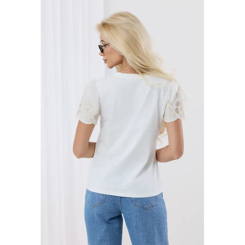 Bawełniana bluzka z ażurowymi rękawami