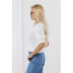 Ażurowy sweter z krótkim rękawem i kontrastowym wykończeniem