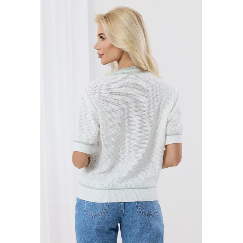 Ażurowy sweter z krótkim rękawem i kontrastowym wykończeniem