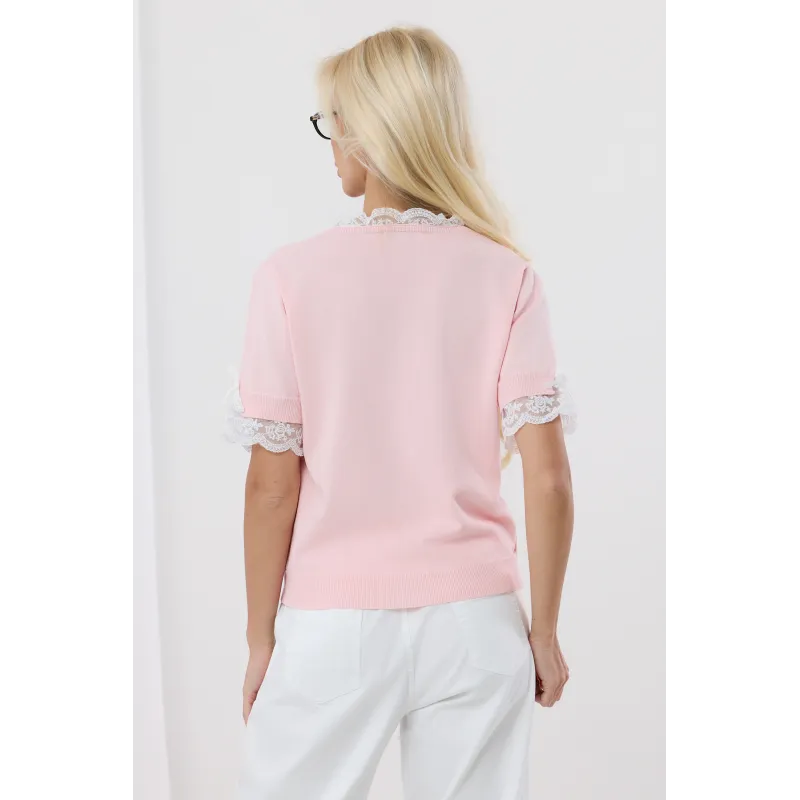 Sweter z krótkim rękawem i koronkowym wykończeniem