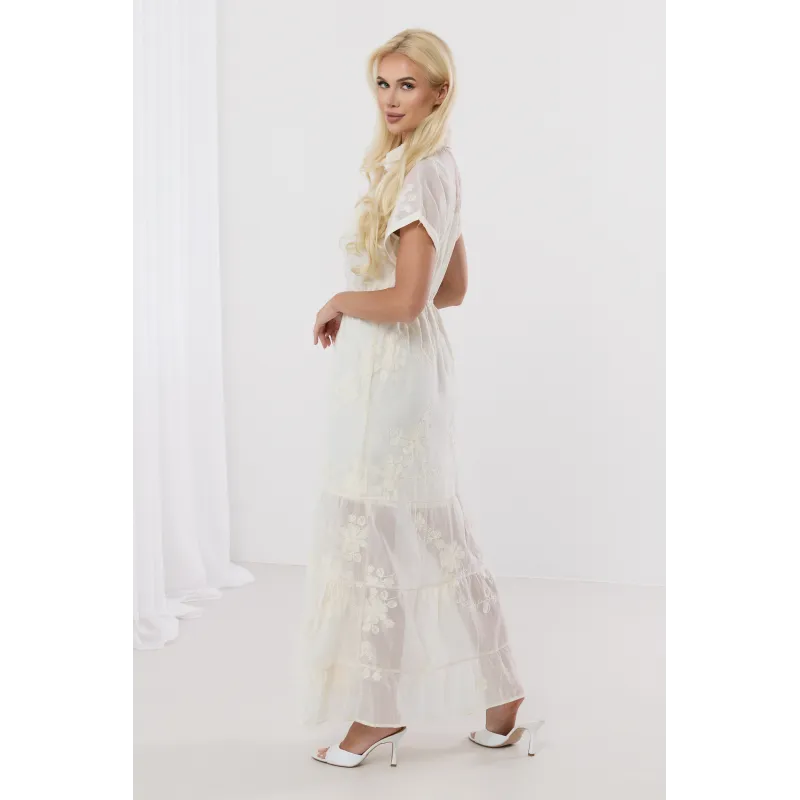 Koszulowa sukienka maxi z kwiatowym haftem