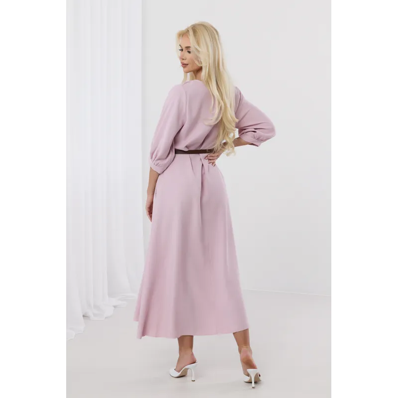 Elegancka sukienka midi z bufiastymi rękawami i paskiem