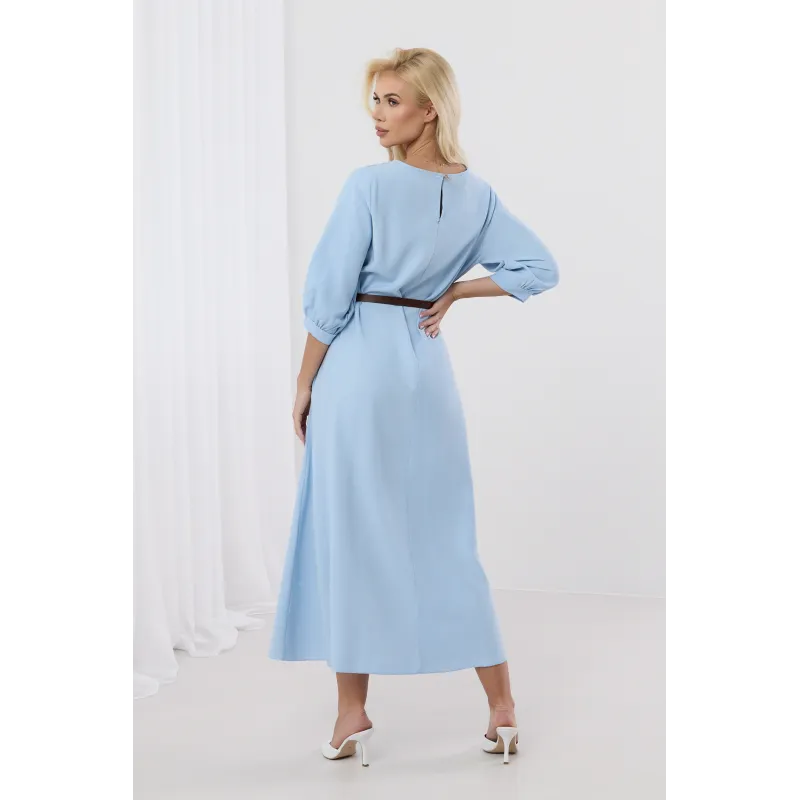 Elegancka sukienka midi z bufiastymi rękawami i paskiem