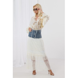Spódnica maxi z koronkowymi falbanami i denimowym pasem