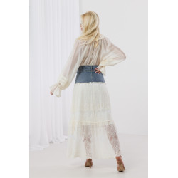 Spódnica maxi z koronkowymi falbanami i denimowym pasem