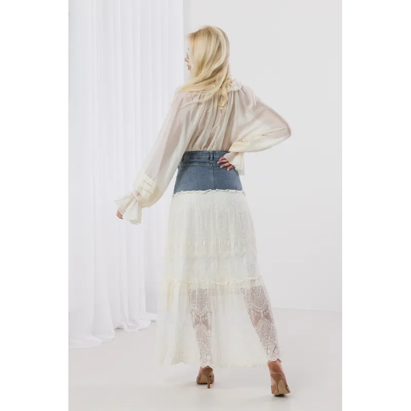 Spódnica maxi z koronkowymi falbanami i denimowym pasem