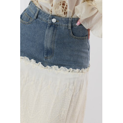 Spódnica maxi z koronkowymi falbanami i denimowym pasem