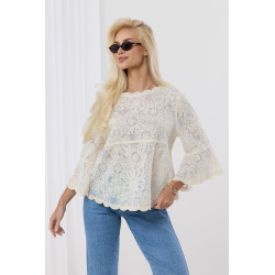 Ażurowa bluzka z koronki w kwiaty z rozszerzanymi rękawami