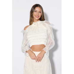 Krótka bluzka z falbankami i biżuteryjną kokardą