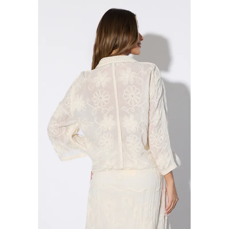 Koszula boho z wypukłym haftem i kwiatowymi aplikacjami