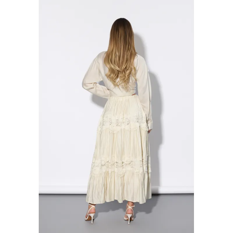 Długa spódnica warstwowa z haftem i falbanami
