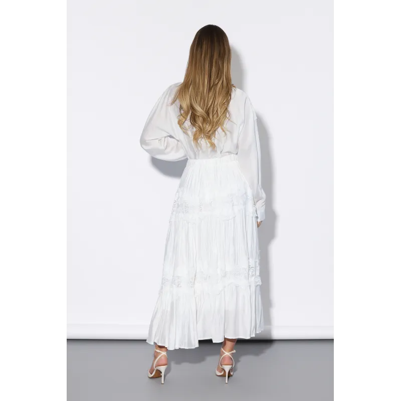 Długa spódnica warstwowa z haftem i falbanami