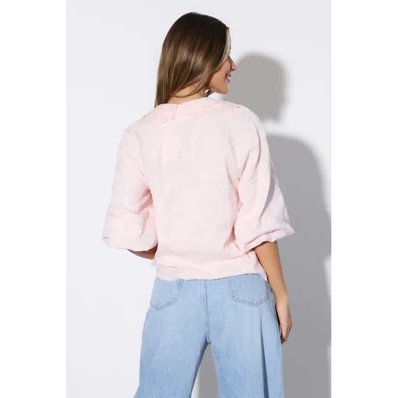 Haftowana koszula z podwójnym kołnierzem i bufkami