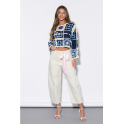 Szerokie spodnie 7/8 z ozdobną satynową szarfą