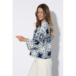 Krótki kardigan szydełkowy z motywem kwiatowym