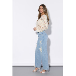 Jeansy wide leg z przetarciami i ażurowymi wstawkami