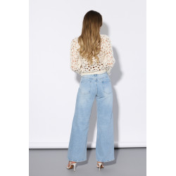 Jeansy wide leg z przetarciami i ażurowymi wstawkami