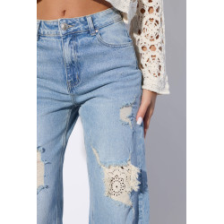 Jeansy wide leg z przetarciami i ażurowymi wstawkami