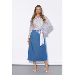 Jeansowa spódnica midi z satynową wstążką