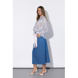 Jeansowa spódnica midi z satynową wstążką