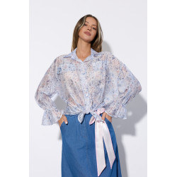 Kwiatowa koszula z wiązaniem i falbanami na rękawach